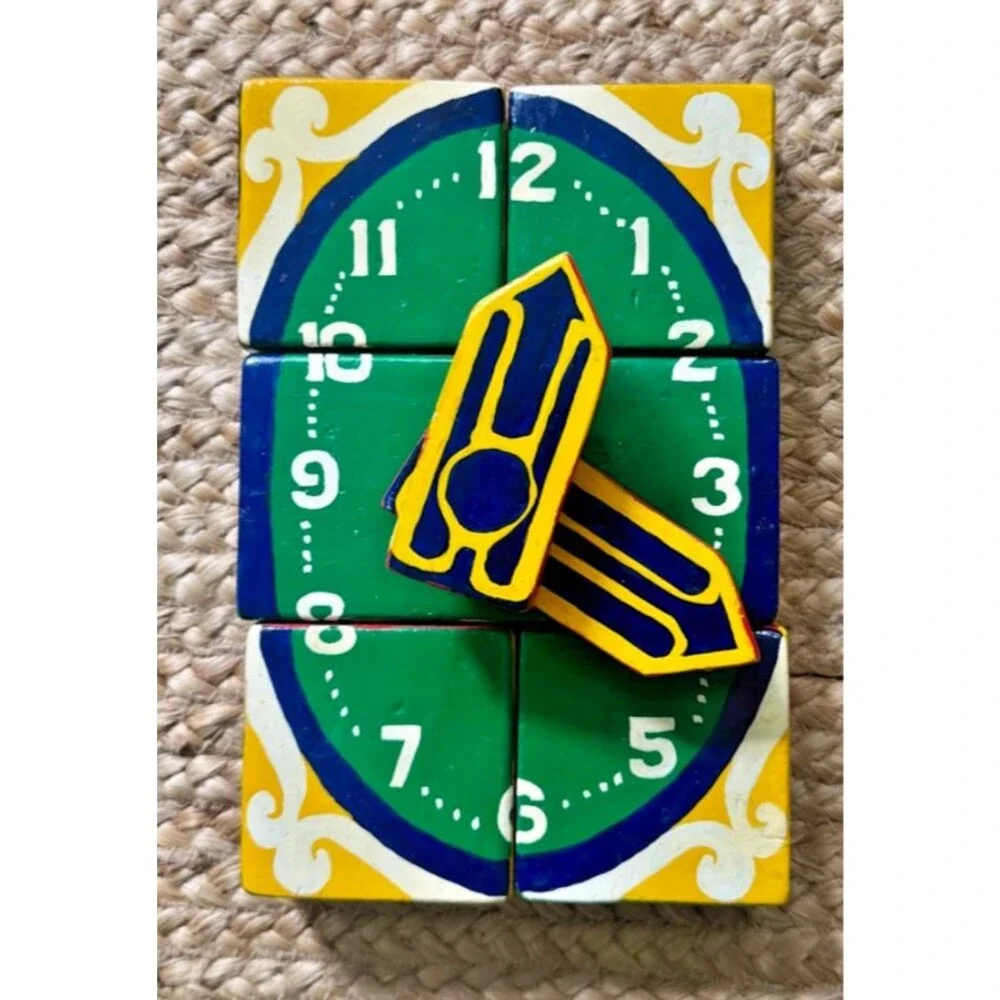 Vintage Wood 3D Puzzle Hand Made Alphabet Numbers Clock UNIQUE Folk Art